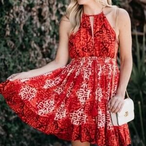 Free People Beach Day Halter Neck Backless Batik Mini Red Large